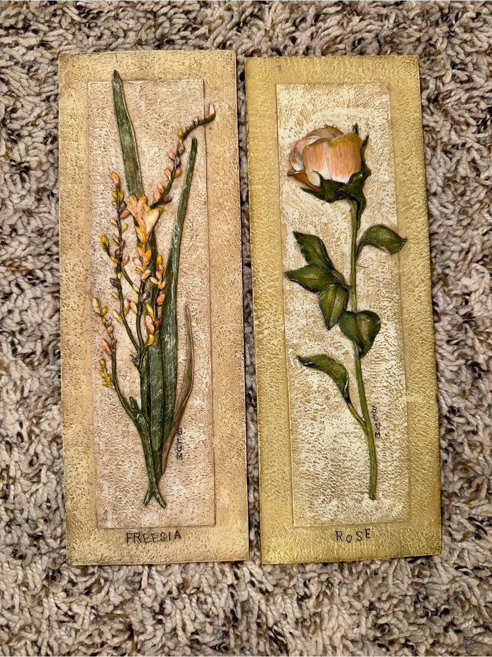 Set of 2 Floral Wooden Hanging Wall Plaques Freesia Rose 3D Textured 9in